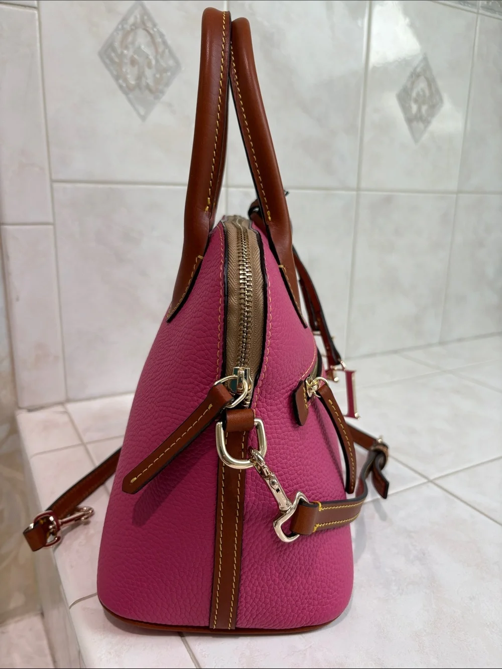 Dooney & Bourke Hot Pink Pebbled Grain Leather Domed Satchel with Brown Trimk